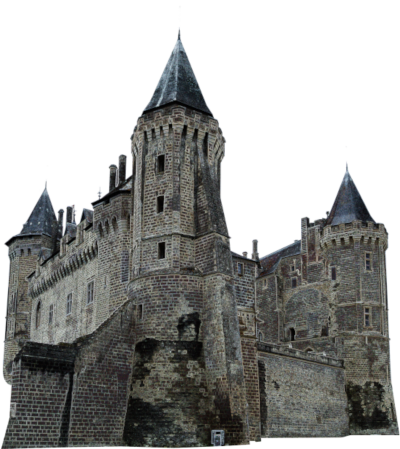 Eine Burg mit steilen Mauern und hohen Rundtürmen an den Ecken